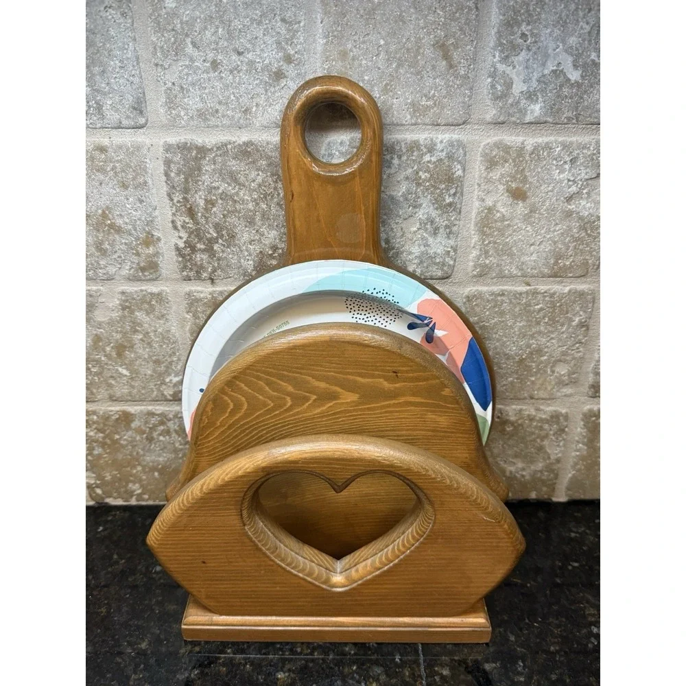 Vintage Wood Paper Plate Napkin Holder Heart Cut Out Hanging or Countertop
